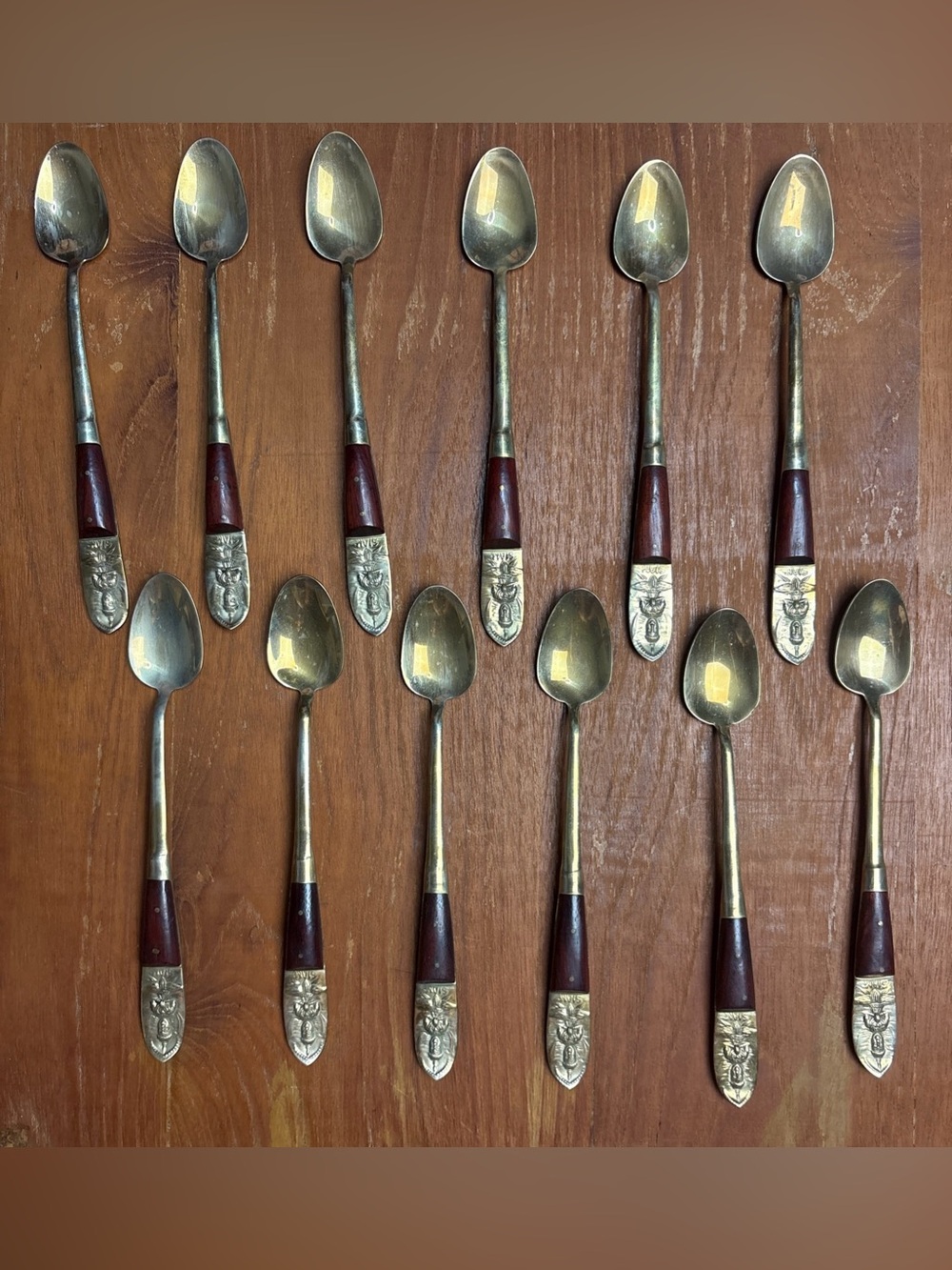 Vintage Siam Thailand Tea Spoon 12 pc 7 in Silverware Brass Wood Handle Flatware